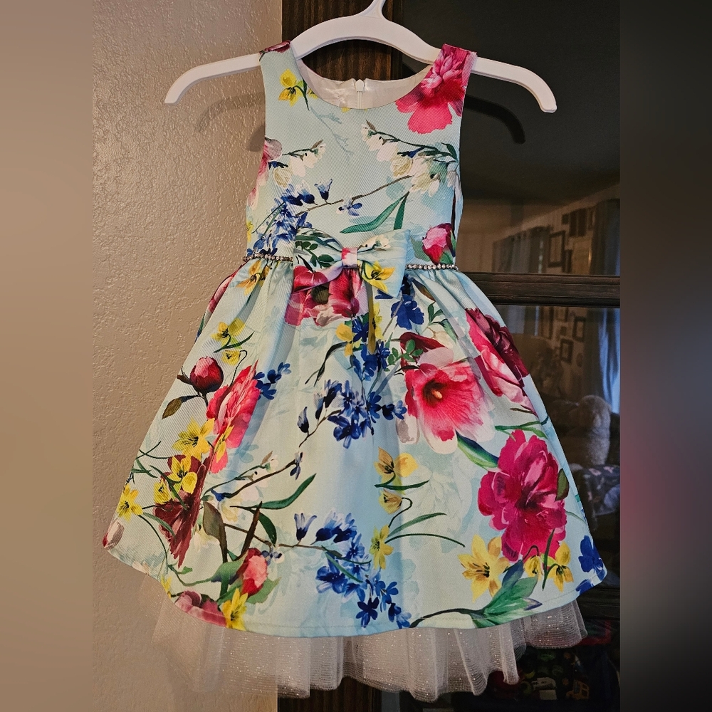 Couture Princess Bright Floral Tulle Dress With Rhinestone/Bow Waist Size 4T